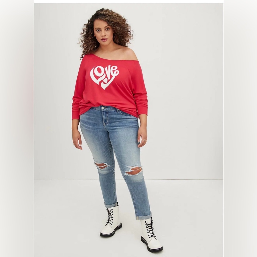Torrid Vibrant Pink Love Off Shoulder Terry Sweatshirt Top